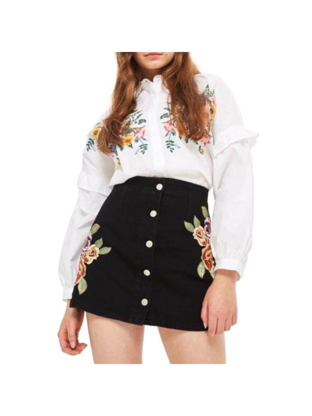 Topshop Black Embroidered Denim Skirt Size 10